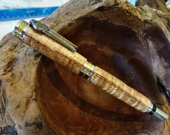Curly Koa Hand Turned Junior Celticus Master Pen Titanium Gold & Chrome Postable Rollerball Pen, Hawaiian Exhibition Grade, Rosewood Box