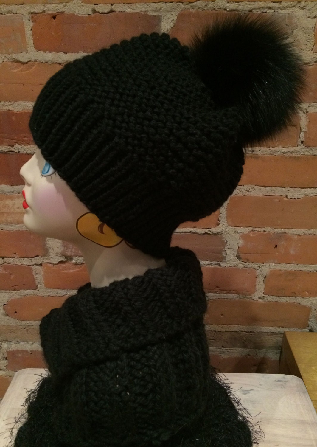 Black Acrylic/Wool Hand Knit Hat with Detachable by ElleVintage369
