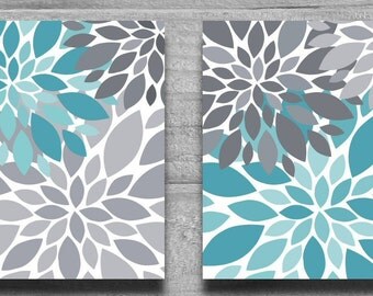 CANVAS ART or PRINTS Turquoise & Gray Flower Burst Wall Art Abstract Botanical Print Set Home Decor Nursery Art, Bathroom Art Aqua Teal