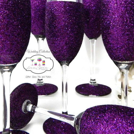 Items Similar To Purple Glitter Champagne Toasting Flute Glasses Bridesmaid Ts And Mementos 7914