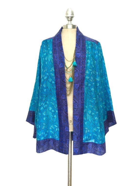 Silk Kimono jacket shorter length in dark turquoise and navy