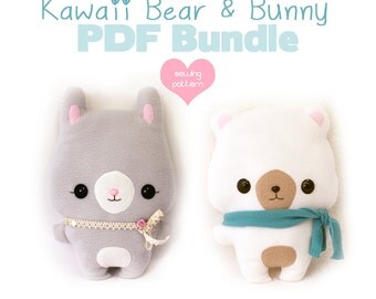 PDF sewing pattern bundle - Easter Bear and Bunny Rabbit stuffed animal kawaii plushie - easy beginner DIY cute anime plush toy 14"