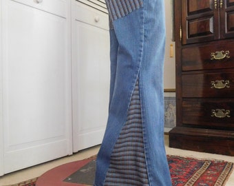 Bell Bottom Jeans Bellbottoms Upcycled Clothing Denim 37" Waist 9 1/2" Rise Hippie 70s Style Butt Patch Jeans with Patches Size 13