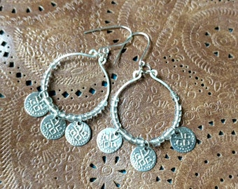Boho Silver Hammered Hoop Earrings with Silver Stamped Charms, Bohemian, Stamped Coins, Boho Hoops, Dangle Charm Earrings, Long Earrings