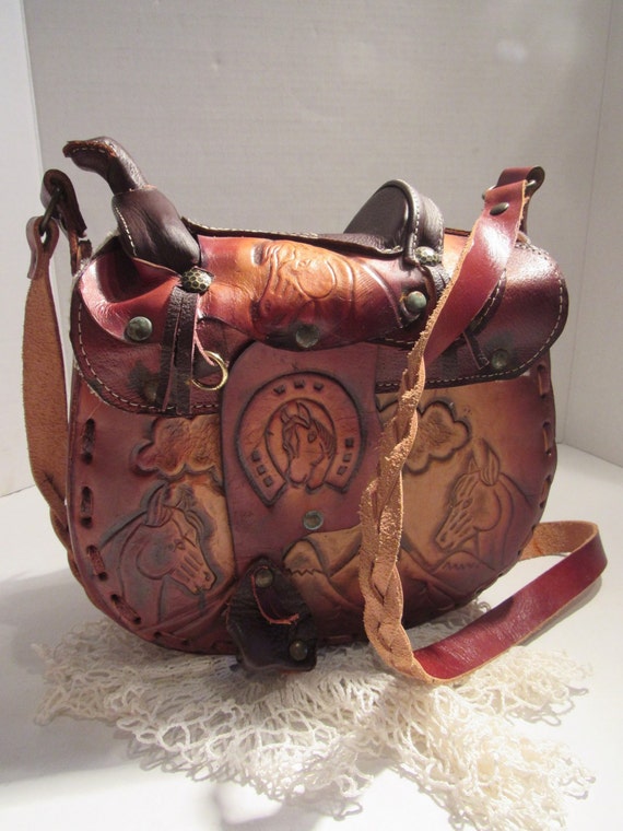 Vintage Leather Saddle Purse Tooled Leather Western Saddle Bag