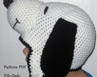 White and Black Snoopy Dog Beanie Hat Stocking Cap wtih Earflaps -Crochet PDF Pattern for All Sizes