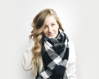 Blanket Scarf Buffalo Plaid, Oversized Poncho Shawl ⨯ Cotton Flannel ⨯ in BLACK, NAVY + WHITE