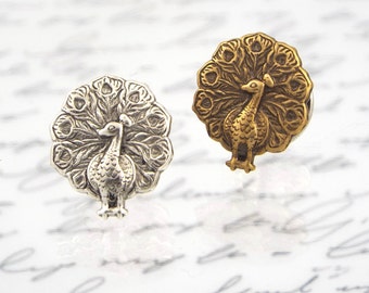 Peacock Tie Tack Men's Lapel Pin Jewelry - Antiqued Brass or Silver Plated