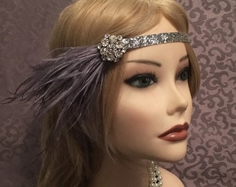 1920's velvet gray silver blue flapper headband head piece headpiece band ostrich Rhinestine cluster grey feather (676)