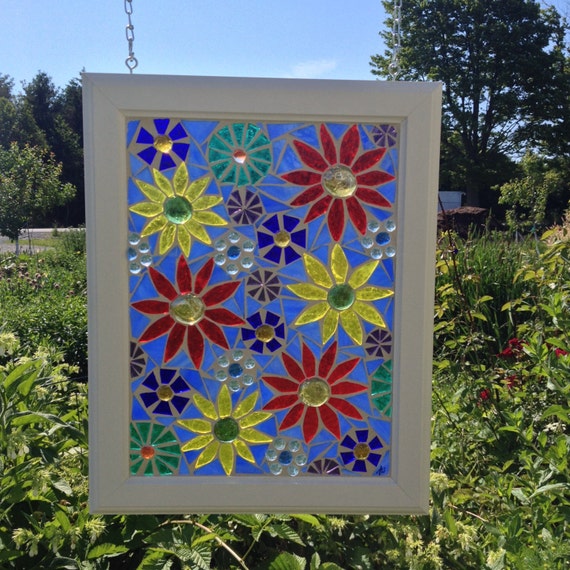 Daisy Stained Glass Mosaic Panel Colorful by NiagaraGlassMosaics