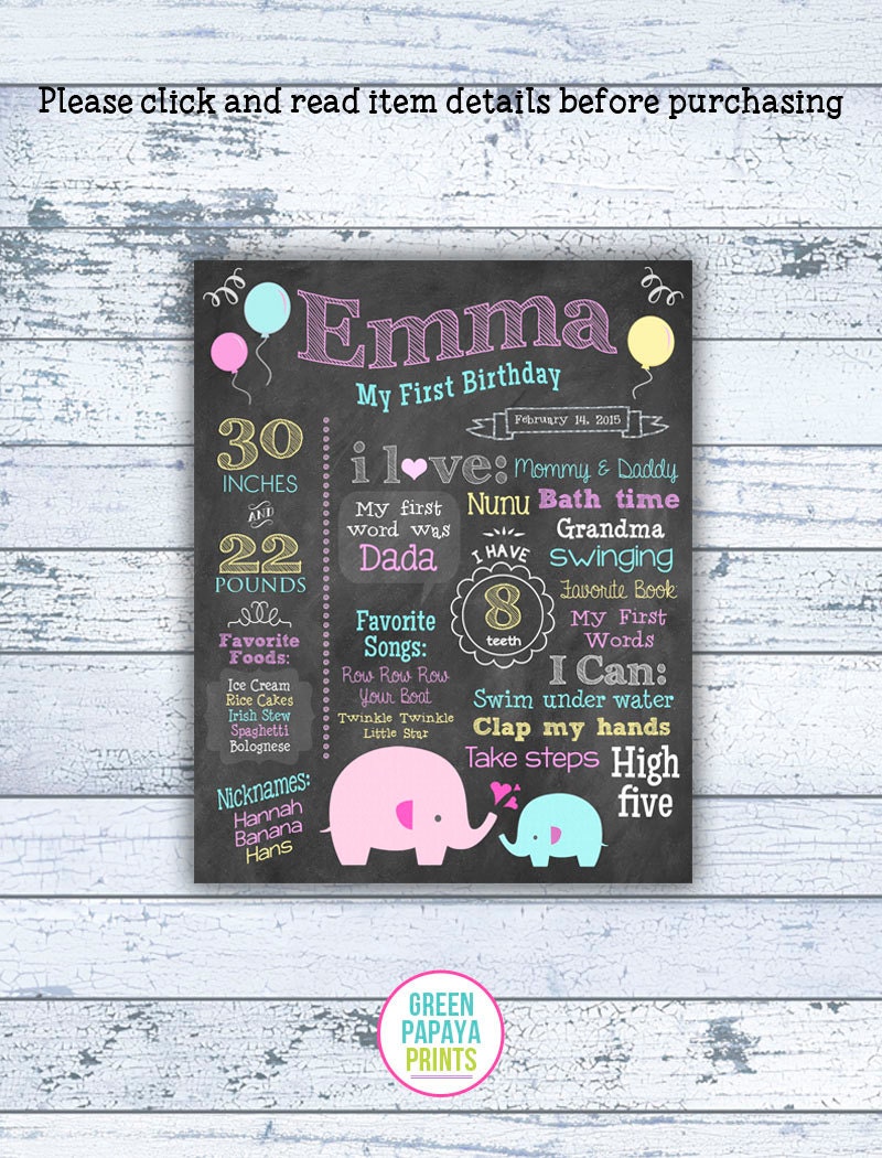 Girl's Elephant Chalkboard Sign Printable First