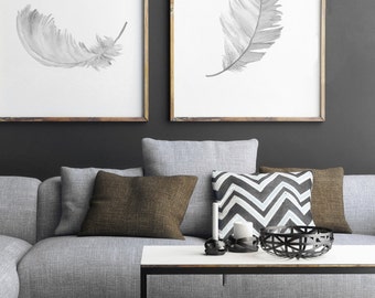 Grey Feather Print Black White Gray Watercolour Painting, 2 Feathers set Nursery Art Print, Baby Girl Boy Room Decoration, Anniversary Gifts