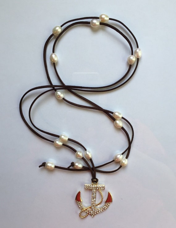 Items similar to Anchor and Pearl Lariat Necklace Leather and Pearl