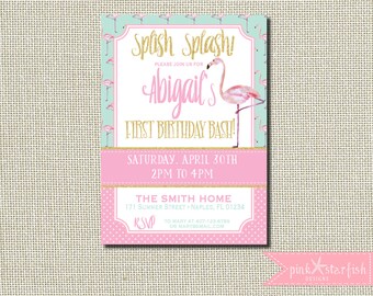 Flamingo Birthday Invitation, Flamingo Invitation, Pool Party Invitation, Pink and Mint Invitation, Pink Flamingo, Glitter, Pink and Gold