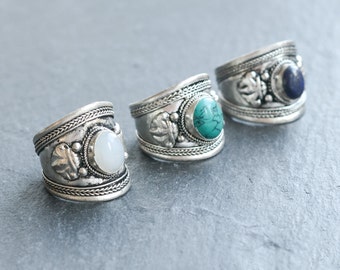 Tibetan Bohemian Opalite, Turquoise or Blue Trinket Ring -Boho Vintage Silver Cuff Armour Jewellery- Opal-Festival -Thumb Rings -Adjustable