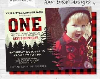 Our Little Lumberjack Birthday Invitation - Flannel Up for Some Fun - Personalized Photo Card Invite - Red and Black - Plaid - Digital File
