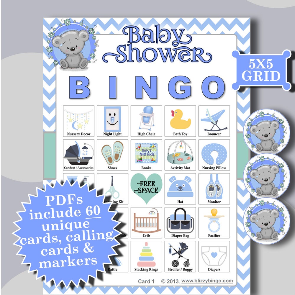Baby Shower Boy Teddy 5x5 Bingo 60 Cards Printable Pdfs