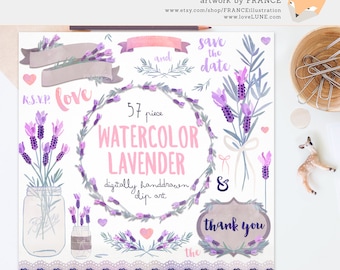 GET 3 FOR 2. Lavender Clipart. Watercolor Lavender. Wreaths, Banners. Watercolour Flowers. Digitally Handdrawn Clipart. Watercolor Wedding.