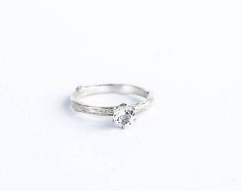 White topaz sterling silver twig engagement ring, twig ring, nature ring