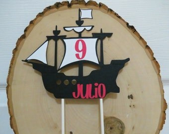 Personalized Pirate Ship Cake Topper - Black, Red, and White