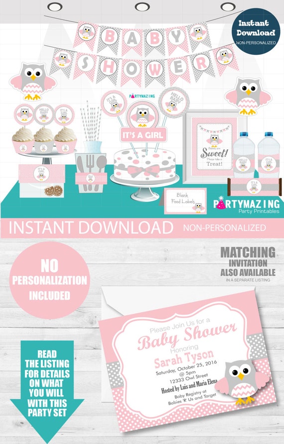 Owl Printable Baby Shower Pink Owl Party Collection by Partymazing