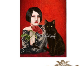 Mister Noir and I,1920's inspired, black cat, woman, cat, roses, red, lace, WickedlyLovely blank Greeting Card