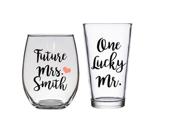Future Mrs, One Lucky Mr, Engagement Gift, Bride and Groom Glasses, Bride to be
