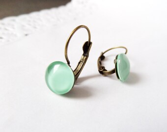 Mint Leverback Earrings Mint Green Earrings Mint Dangle Earrings Bridesmaid's Green Earrings Rustic Earrings Cabochon Earrings Mint Earrings