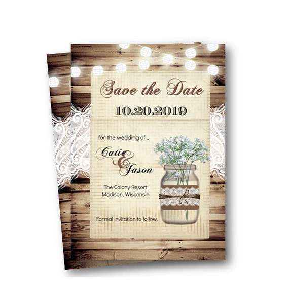 Babys Breath Save The Date Wedding Invitation rustic mason jar wood and lace with string of lights printed or printable nuetral invite Il_570xn