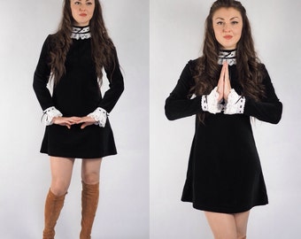 Black Velvet, Mod Dress With White standing Collar and Cuffs