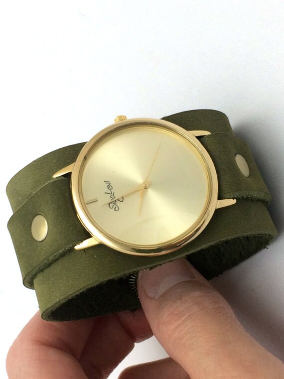 Wide Leather Band Watch Women WatchesGreen Leather Cuff