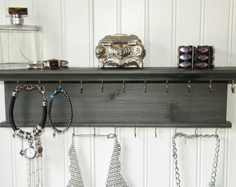 18" Necklace Bracelet Holder Jewelry Organizer - Modern Rustic Design - Wall Mounted Necklace Hanger Gray Finish - Handmade - Cedar Wood