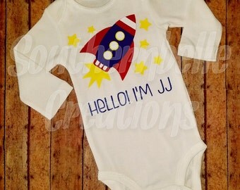 Rocketship Onesie Boy Onesie Space Ship Onesie Outer Space Onesie Red Blue and Yellow Onesie Personalized Onesie