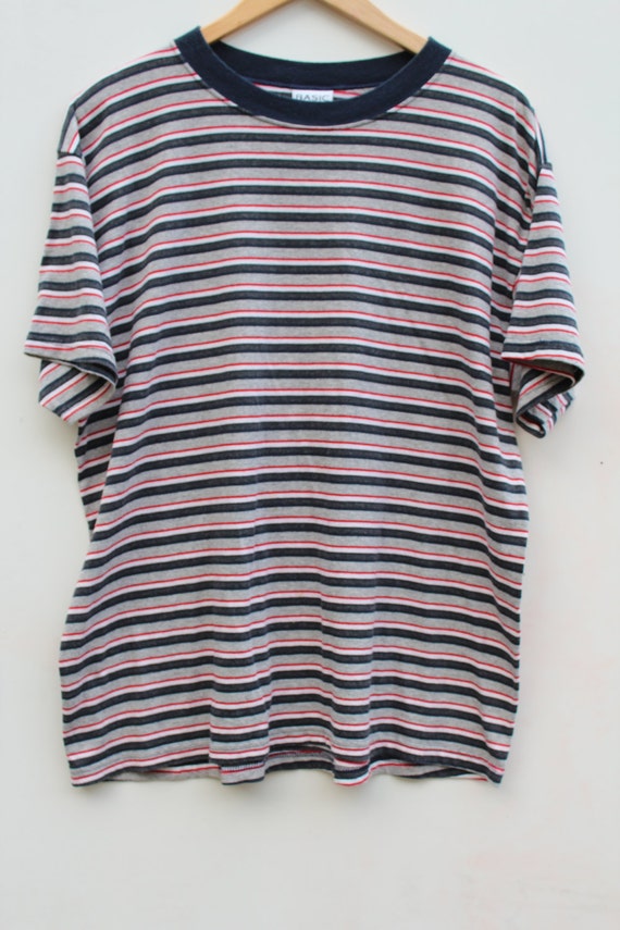 tee vintage 90s logo Tshirt Navy Red Striped / LARGE Tee Gray Ringer 90s / Oversize