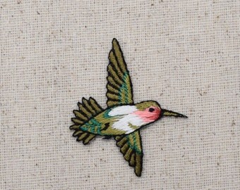 Small - Ruby Red Throat Hummingbird - Flying LEFT or RIGHT - Iron on Applique - Embroidered Patch