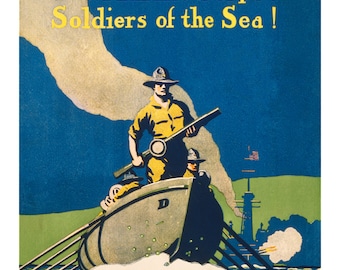 US Marine Corps WWI Advertisement - Antique Armed Forces Recruitment Poster - Old Maps and Prints - Vintage Wall Art Military Decor Marines