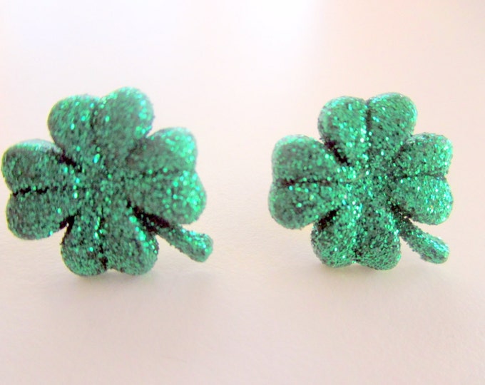 St. Patricks Day earrings-Green Shamrock studs-Four leaf clover-Irish jewelry-Sparkly jewelry-Childrens clip on earring-kids jewelry