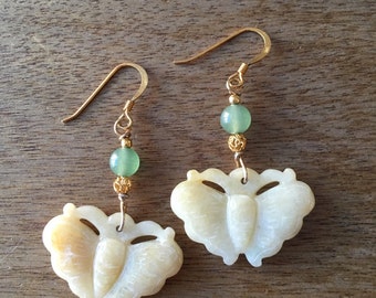 Jade Earrings, Jade Butterfly Earrings, Carved Jade Butterfly Earrings, Carved Jade Butterfly Gold-Plated Sterling Silver Earrings