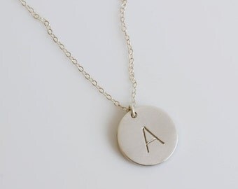 Silver Initial Necklace/ Personalized Silver Pendant/ Initial Disc Necklace/ Disk Necklace/Christmas Gift/Bridesmaids Gift/N288