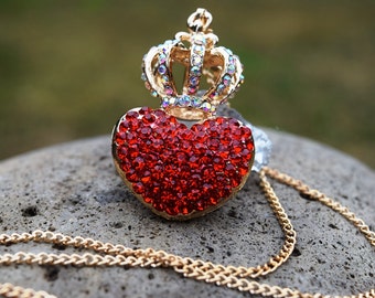Evie Necklace, Red Heart with Gold Crown Necklace, Queen of Hearts, Pre Teen, Descendants Necklace, Pre Teen Gift, Unique Rhinestone Heart