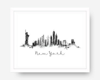 New York Skyline Black & White Splatter Watercolor Wall Art New York Theme Wall Art Travel Wall Art Skyline Print Paint Splatter Printable