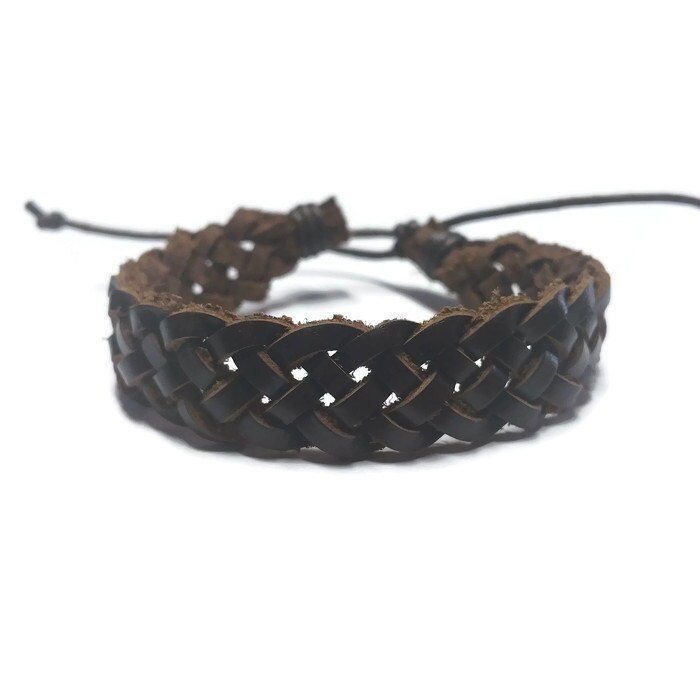 Brown Leather Four Strand Braid Bracelet with Adjustable