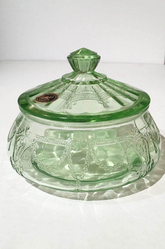 Green Depression Glass Cameo Candy Bowl with by MotownLostandFound