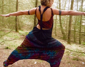 Black Rainbow Tie Dye Harem Bottom Dungarees Festival Harem Jumpsuit Hippy Romper Boho Onesie Playsuit