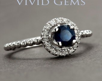 Blue Sapphire Engagement Ring, Tulip Halo Flower Ring, Solid 14k White Gold