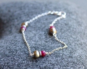 Ruby and Taupe Pearl Bracelet Sterling Silver Dainty Delicate Ruby Bracelet July Birthstone Luxe Ruby Jewelry Rubies and Silver Gift Idea