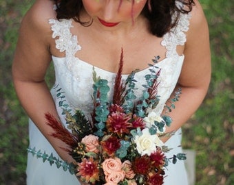 Peach and Burgundy Boho Wedding Bouquet | The Mimi Fran Wedding Flower Collection