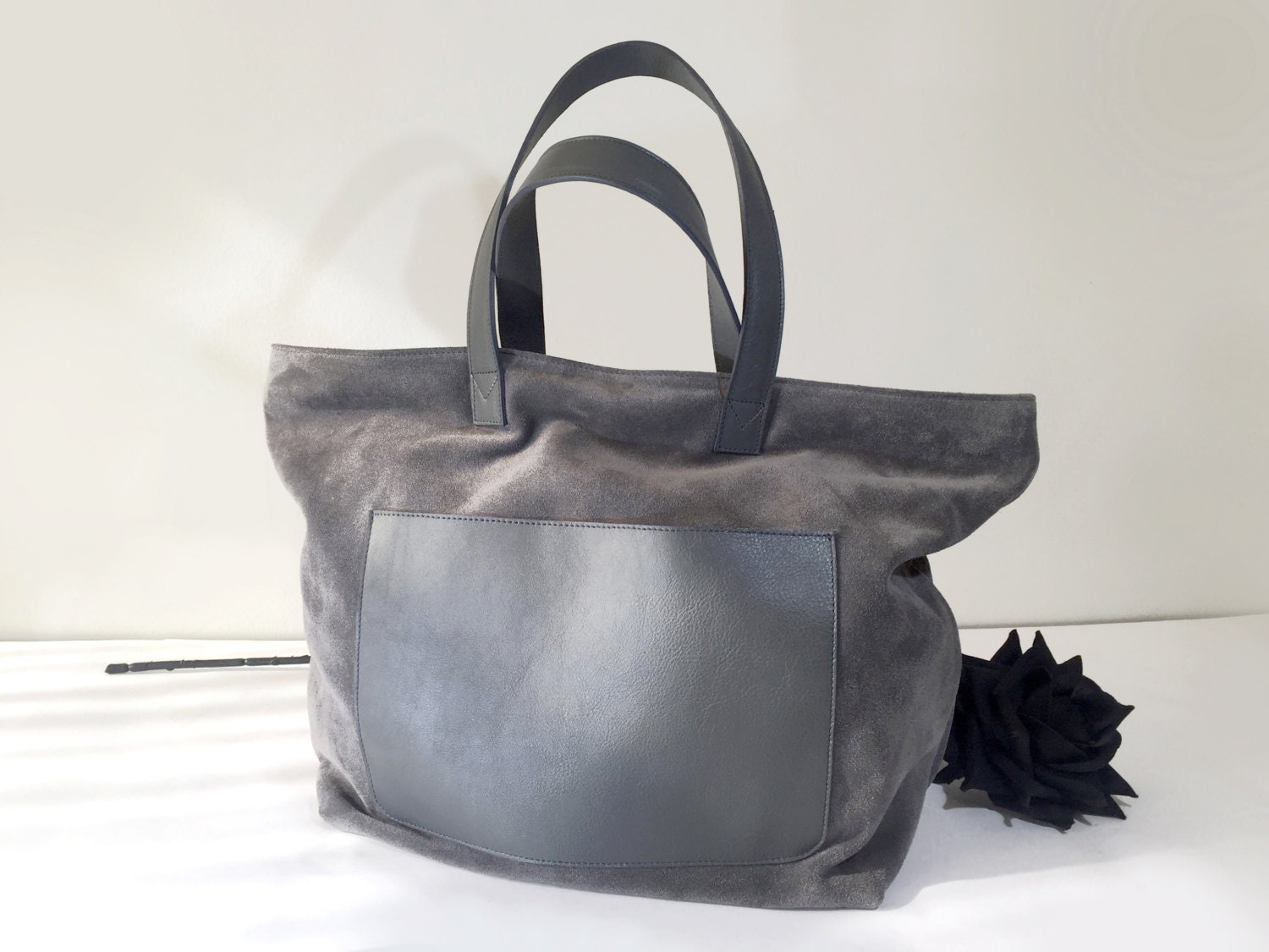 Large leather tote Grey suede leather tote Leather bag