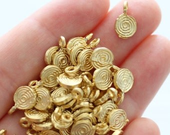 15pc matte gold disc beads, spiral beads, metal beads, mini beads, tribal beads, metal charms, gold beads, round beads, EastVillageSupply