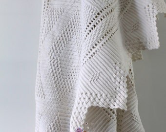 Hand made, french white cotton crochet blanket, crochet blanket, crochet cover, hancrocheted blanket